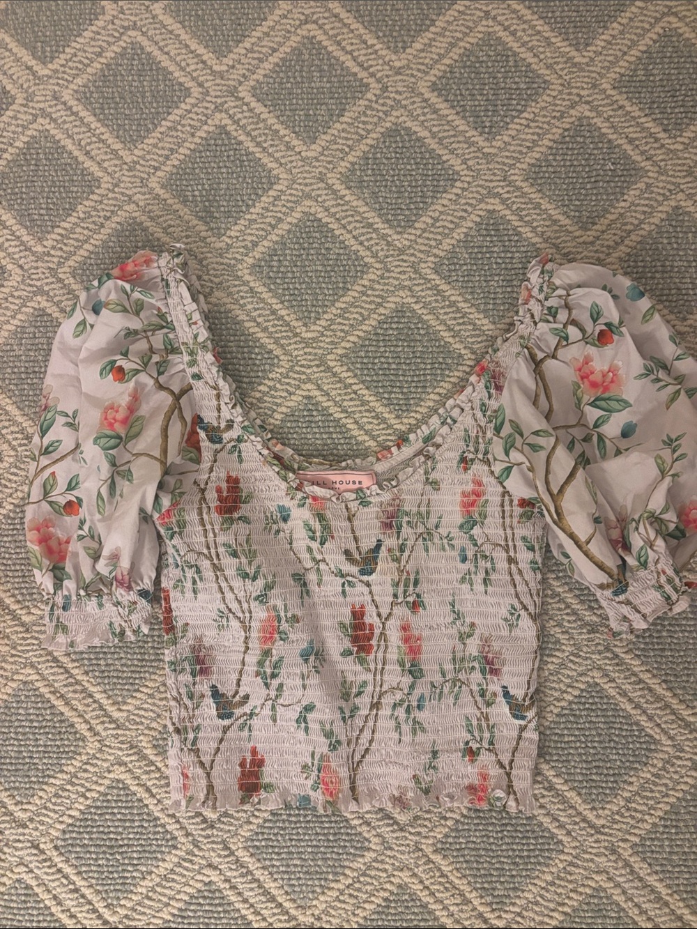 Hill House x Diane Hill Floral Smocked Puff-Sleeve Top